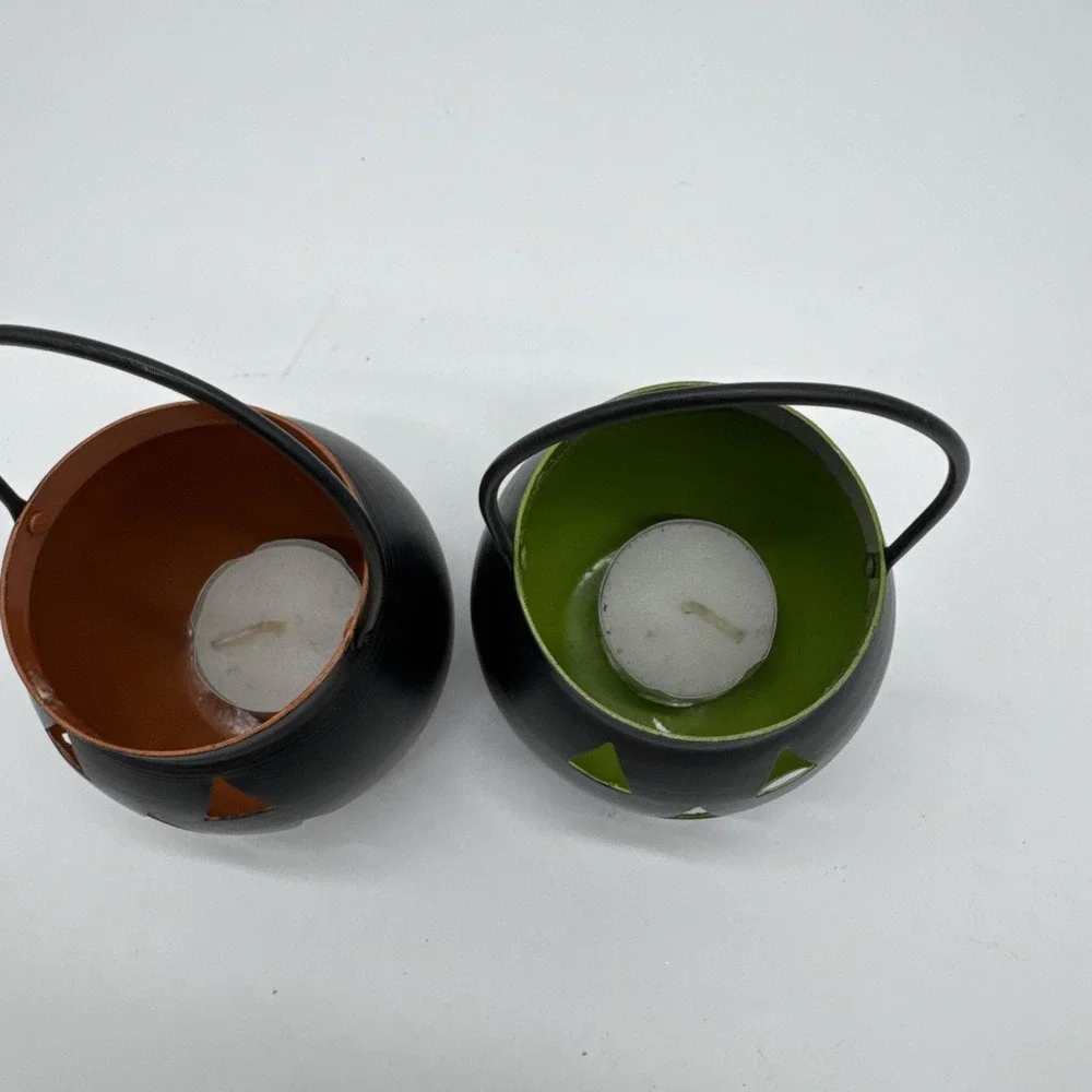 Metal Halloween Jack-O-Lantern Pumpkin Cauldron Handled Candle Votive Holders